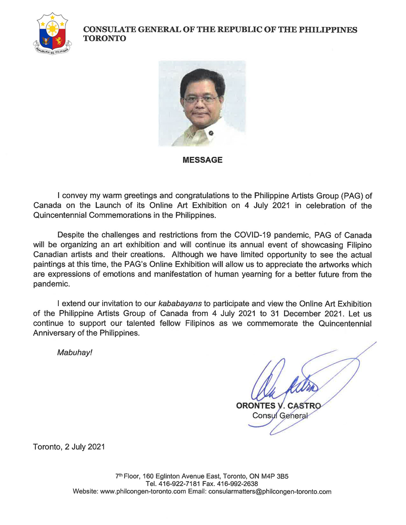 Consul General Orontes Castro Message to PAG Consul General Orontes Castro Message to PAG